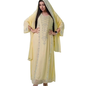 Elegant light yellow Abaya robe with silver sequins and embroidery details for women