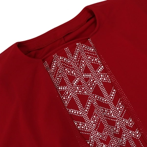 Detailed view of red chiffon robe featuring silver hot-fix rhinestones in geometric patterns