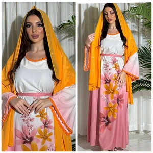 Floral print kaftan abaya dress with rhinestone details and yellow hijab set