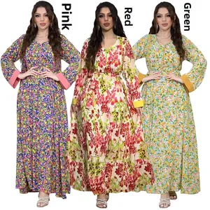 Three elegant long-sleeve floral maxi dresses in pink, red, and green color options