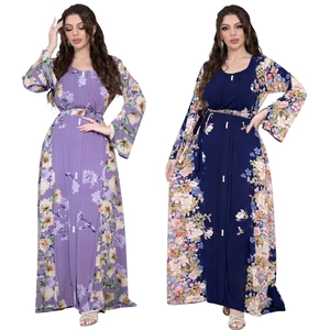 Abaya Musulmano da Donna con Stampa Floreale Abito Maxi a Maniche Lunghe con Cintura Bottoni di Künstliche Perle Elegante Veste Etnica