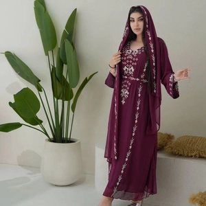 Elegant purple rhinestone long dress with white ethnic embroidery and matching hijab scarf