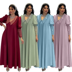 Elegantes Muslimisches Maxi-Kleid Für Damen Mit Pailletten Und Perlen Laternenärmel Ethno Party Abaya Formelles Abendkleid
