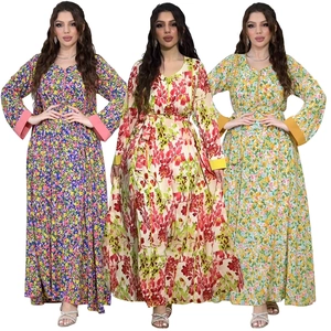 Women Floral Print Long Sleeve Maxi Dress Elegant V-Neck Tie Waist Bohemian Ethnic Robe Contrast Cuff Polyester Casual Dress