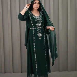 Elegant dark green abaya robe with white embroidery and matching hijab for women