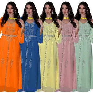 Vibrant rhinestone chiffon kaftan abayas in orange blue yellow pink and green colors