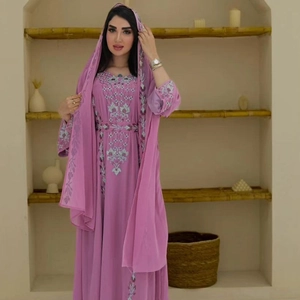 Pink chiffon long sleeve Abaya dress with floral embroidery and matching headscarf