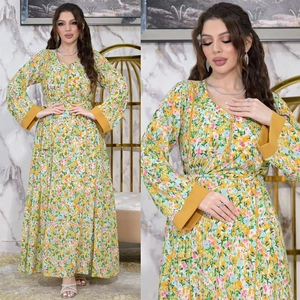 Elegant floral print long-sleeve yellow maxi dress with v-neck and belted waist