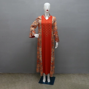 Detailed embroidery and contrast print on orange and red bohemian ethnic style kaftan gown