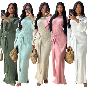 Elegant Ethnic Style Maxi Dress For Women O-Ring Waist Drape Pleated Long Sleeve Abaya Muslim Commuter Robe Polyester Satin Look
