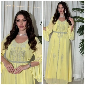 Elegant lemon yellow chiffon dress with silver rhinestones and flared slit sleeves