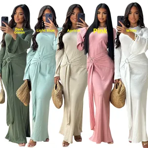 Elegant long-sleeve maxi dress with waist buckles in five vibrant colors