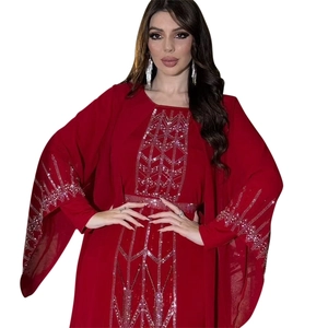Elegant red chiffon kaftan abaya with silver rhinestone patterns and matching waist belt