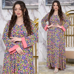 Floral print maxi dress with V-neck long sleeves and bright pink contrast panel details