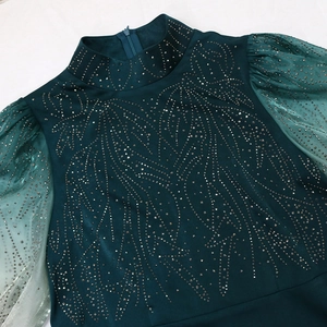 Detail of jalabiya gown showing sequin feather patterns and green puffy mesh sleeves
