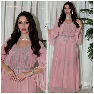 Pink chiffon maxi dress with silver rhinestone embroidery and flared long sleeves