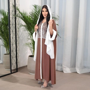 Women Modest Abaya Dress Elegant Sequin Contrast Patchwork Long Sleeve Kaftan Maxi Dress For Muslim Party Islamic Fashion