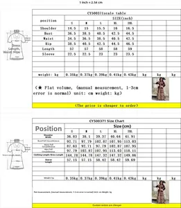 Size chart for printed long jalabiya dress with measurements in inches and cm