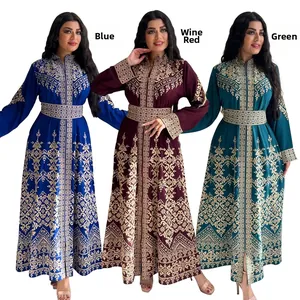 Detailed comparison of long-sleeve kaftans in blue, wine red, and green with gold embroidery