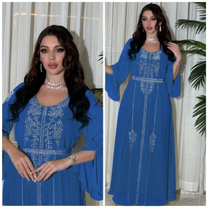 Elegant royal blue chiffon long dress with silver floral embroidery and slit flared sleeves
