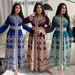 Women's Vintage Ethnic Gold Floral Print Jalabiya Kaftan Maxi Dress Zipper Long Sleeve Moroccan Abaya Banquet Gown