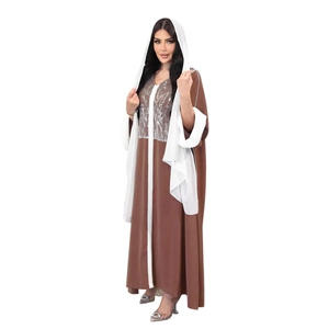 Satin patchwork abaya with contrast panels and silver sequins on brown and white fabric