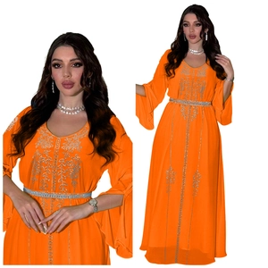 Elegant bright orange chiffon maxi dress with silver rhinestone embellishments and flared sleeves
