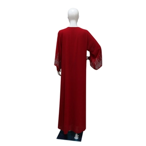 Detail of silver geometric rhinestones on red chiffon robe sleeve with back view