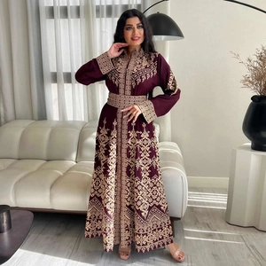 Elegant burgundy long sleeve Jalabiya maxi dress with intricate gold embroidery