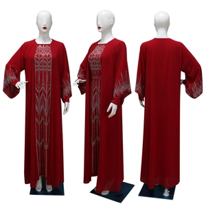 Three-way view of deep red chiffon abaya set with intricate silver rhinestone geometric patterns