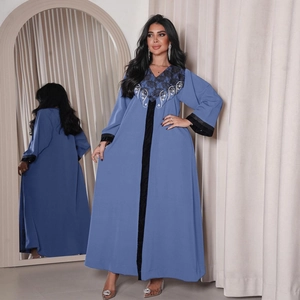 Women V-Neck Lace Patchwork Maxi Dress With Rhinestone Velvet Trim Long Sleeve Muslim Abaya Modest Ethnic Kaftan Dress
