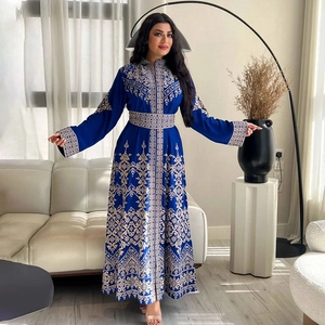 Elegant navy blue Jalabiya kaftan dress with golden ethnic embroidery and flared sleeves