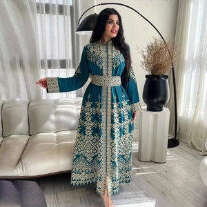 Elegant deep teal Jalabiya kaftan dress with golden embroidery and waist belt