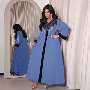 Elegant navy velvet abaya dress with black lace patchwork and silver sequin embroidery