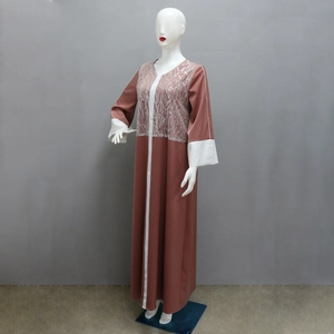 Detailed silver branch sequin embroidery on satin patchwork brick red abaya long dress