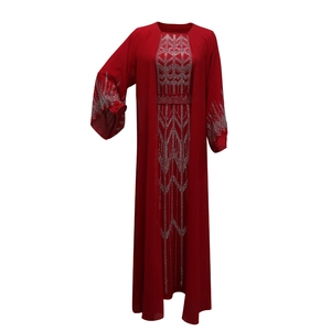 Detail of silver rhinestone geometric patterns on red chiffon faux two-piece abaya robe