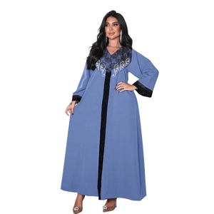 Muslim Abaya style blue lace and velvet patchwork long sleeve maxi dress with embroidery