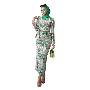 Detail view of the intricate floral paisley print pattern on this Muslim dress set