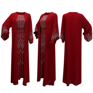 Three-way view of a red chiffon long robe set with intricate silver rhinestone geometric patterns