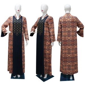 Three-way view of ethnic print abaya dress with diamond hot-fix and contrast embroidery
