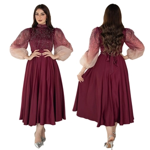 Detailed front and back view of burgundy jalabiya with sequined bodice and lantern sleeves
