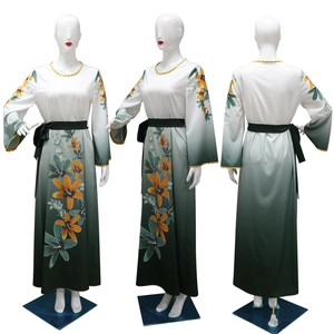 Three-sided view of a floral print long robe with green gradient and belt detail