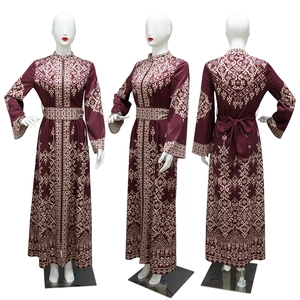Burgundy jalabiya ethnic dress with floral patterns and zipper from multiple views