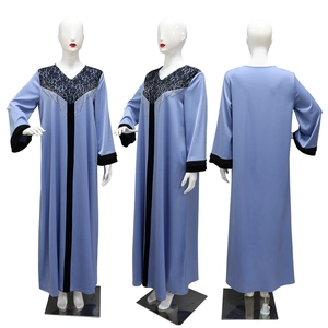 Light blue velvet abaya with black lace and rhinestones shown in three different views
