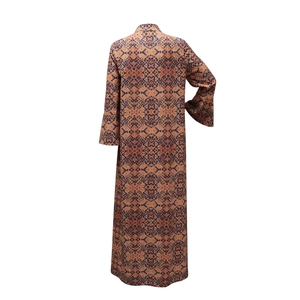 Back view of a full-length ethnic printed robe with geometric patterns and long sleeves