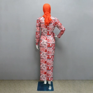 Rear view of a floral print Muslim dress with long sleeves and a matching hijab