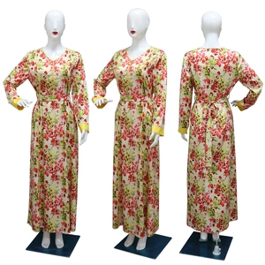 Three-view display of long-sleeve floral maxi dress with V-neck and waist tie belt