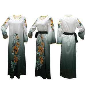 Three-angle view of long robe dress showing white to green gradient and floral patterns