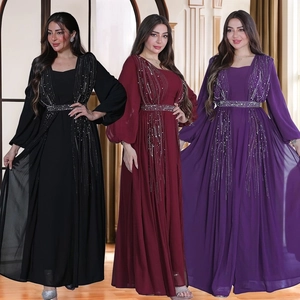 Elegant Chiffon Muslim Maxi Dress For Women Hot-fix Rhinestone Beaded Evening Gown With Belt Lantern Sleeve Party Dress