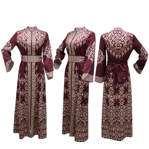 Three-view layout of a wine red printed jalabiya dress with waist tie and standing collar